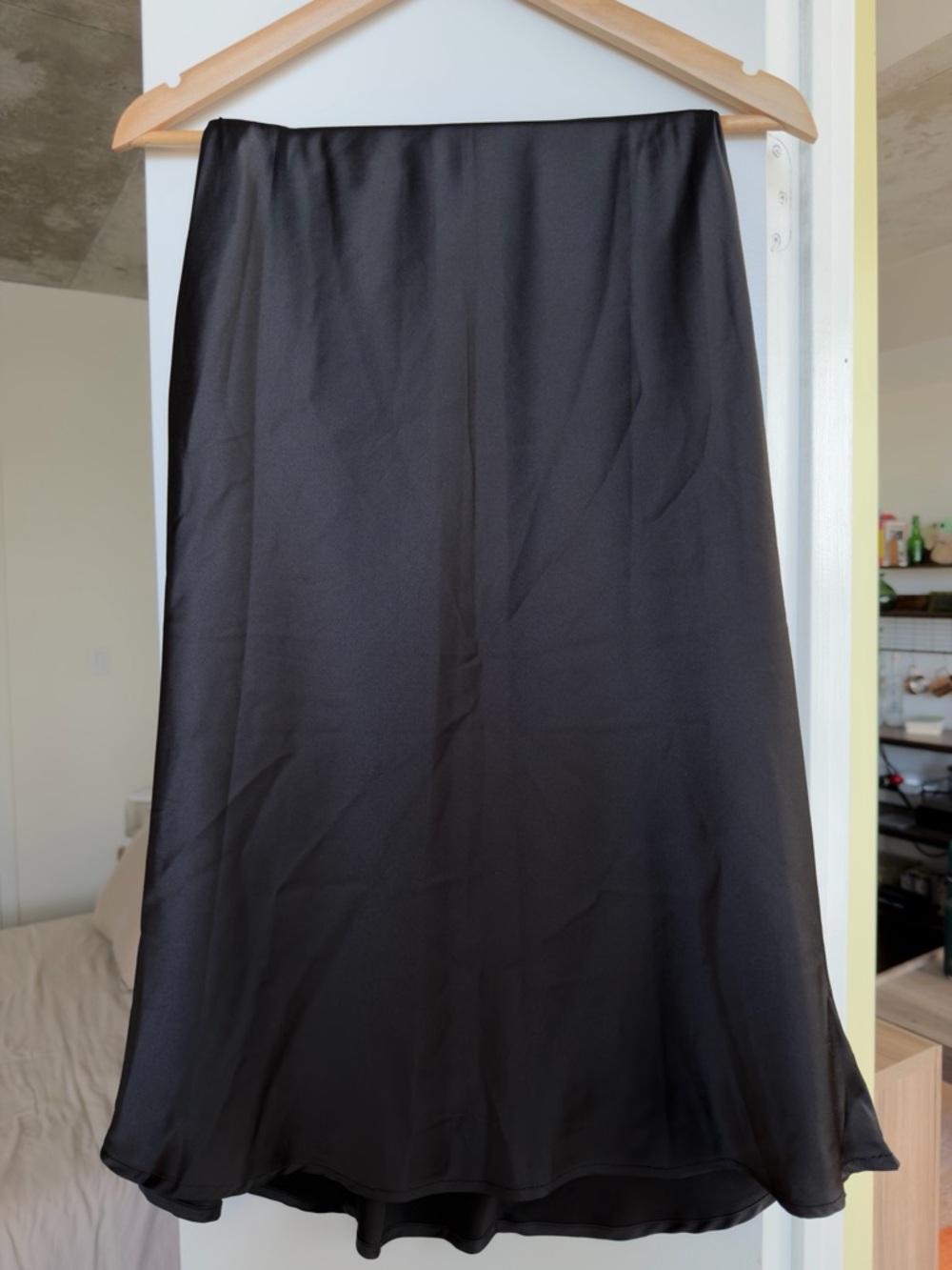 Black Satin A-Line Midi Skirt